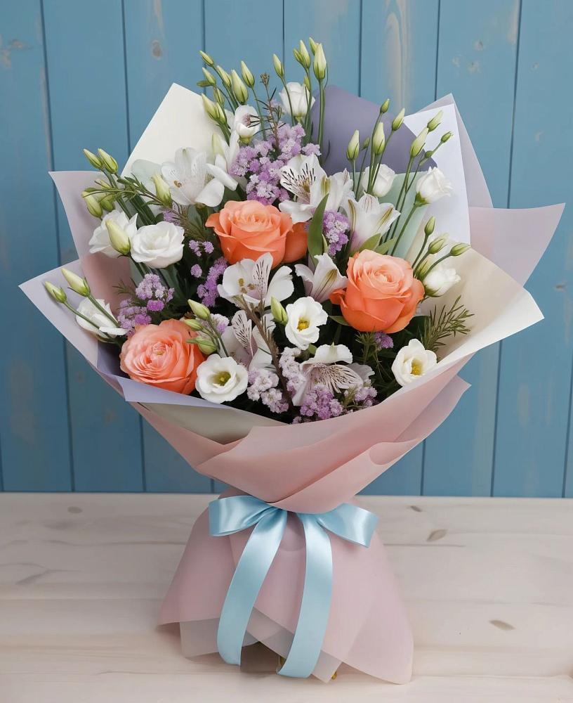 Букет цветов из: Лизиантусы, Розы, Альстромерии и Гипсофила в Мстёре