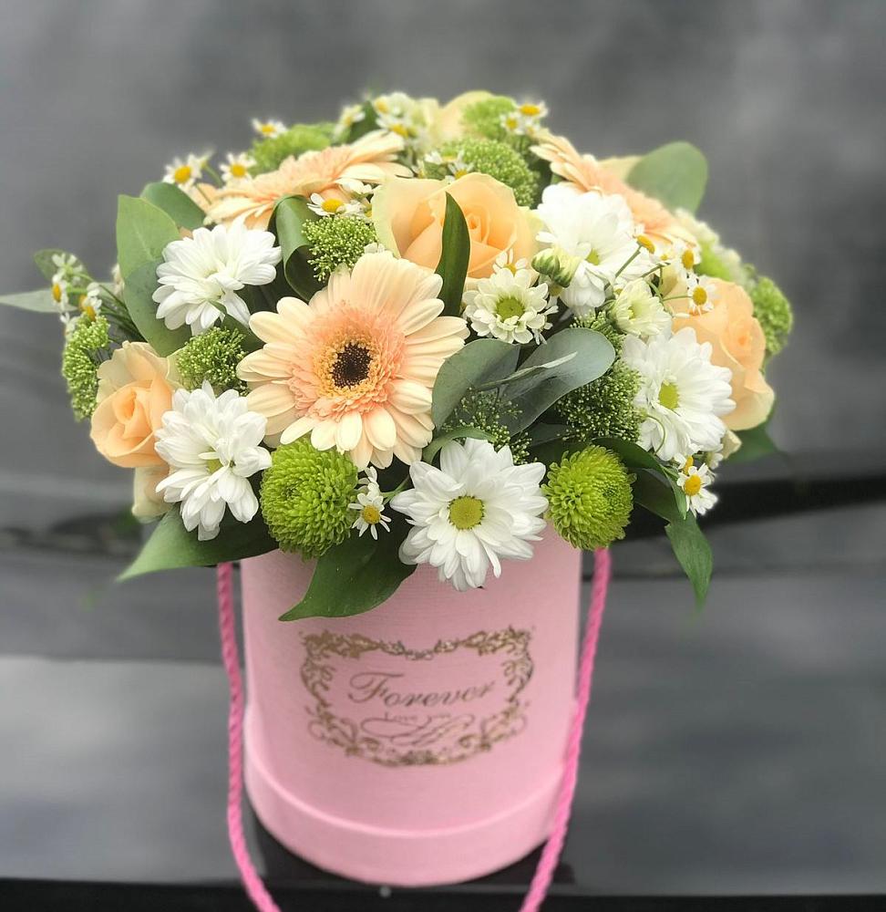 Цветочная композиция из Розы, Герберы и Хризантемы в шляпной коробке в Мстёре